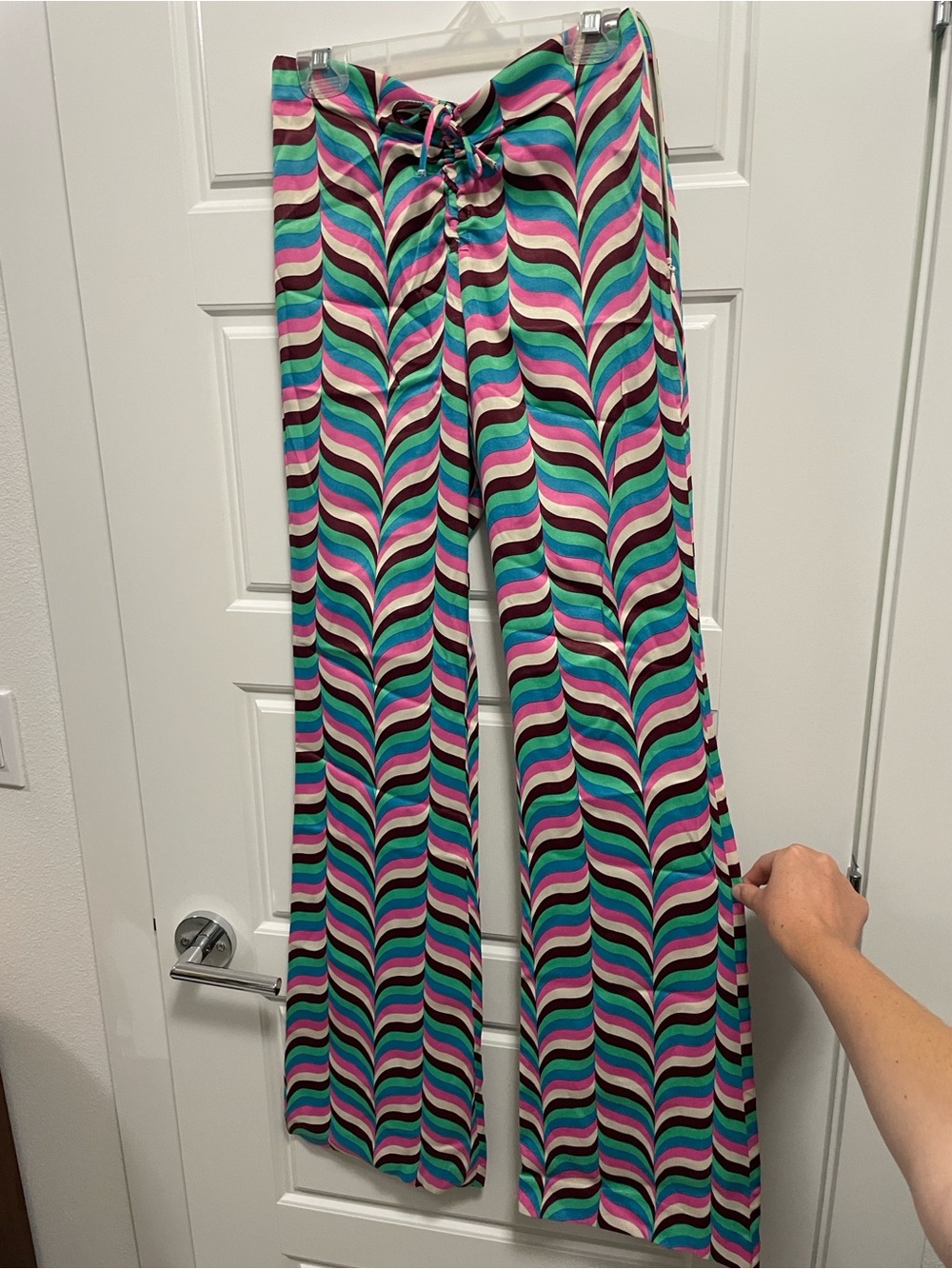 Women’s Wide-Leg Patterned Pants Zara - retro/disco Teal, Pink & Black